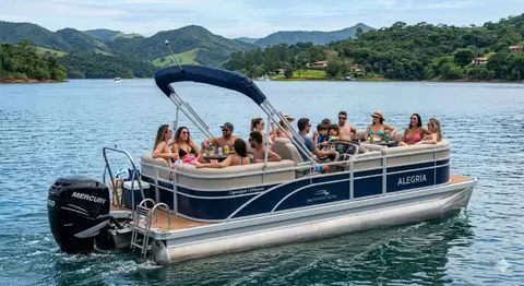 Pontoon: Embarcação de lazer que utiliza uma plataforma plana montada sobre dois ou três flutuadores - Imagem 1